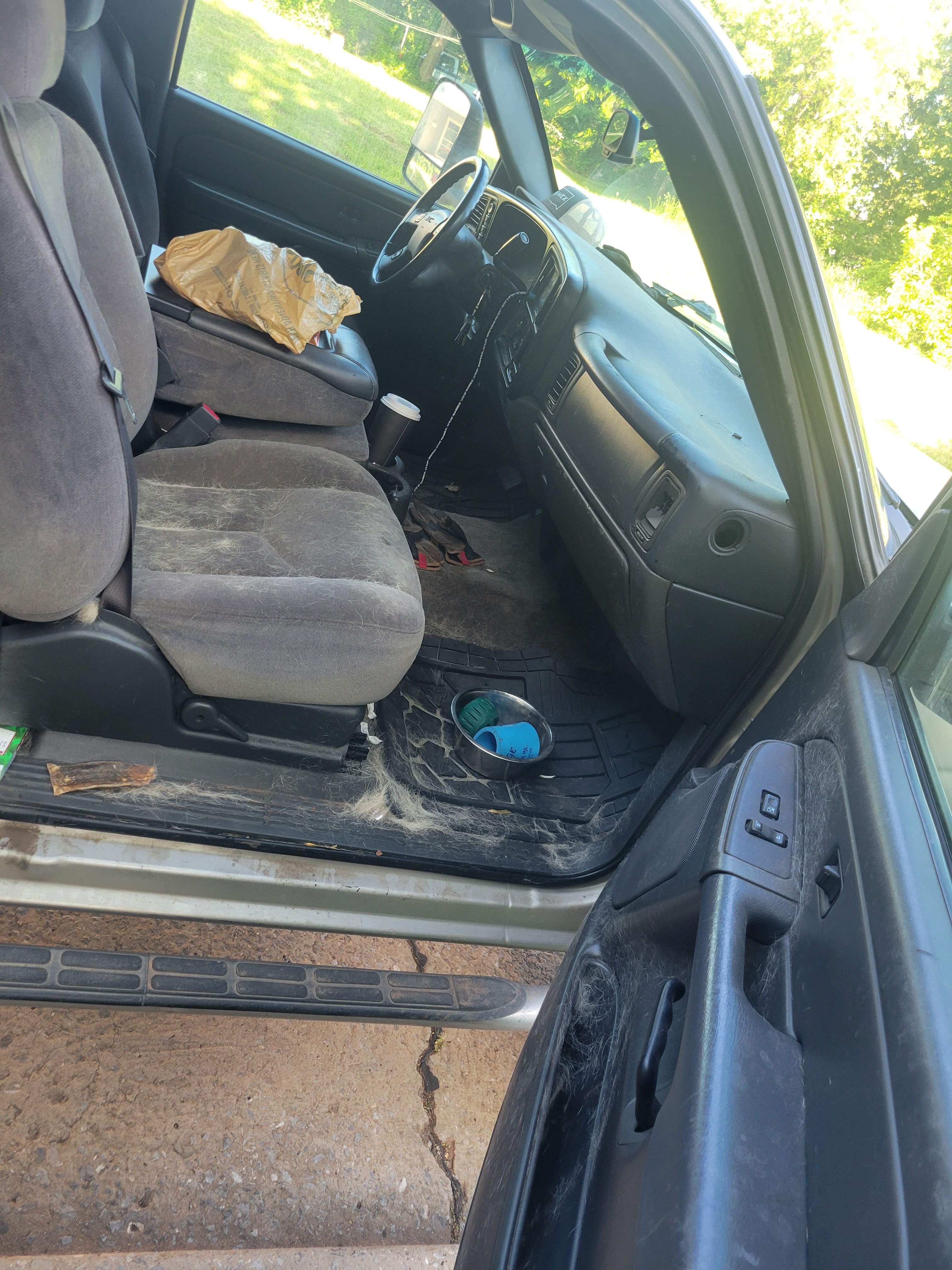 Truck interior before detailing, with heavy pet hair and debris.