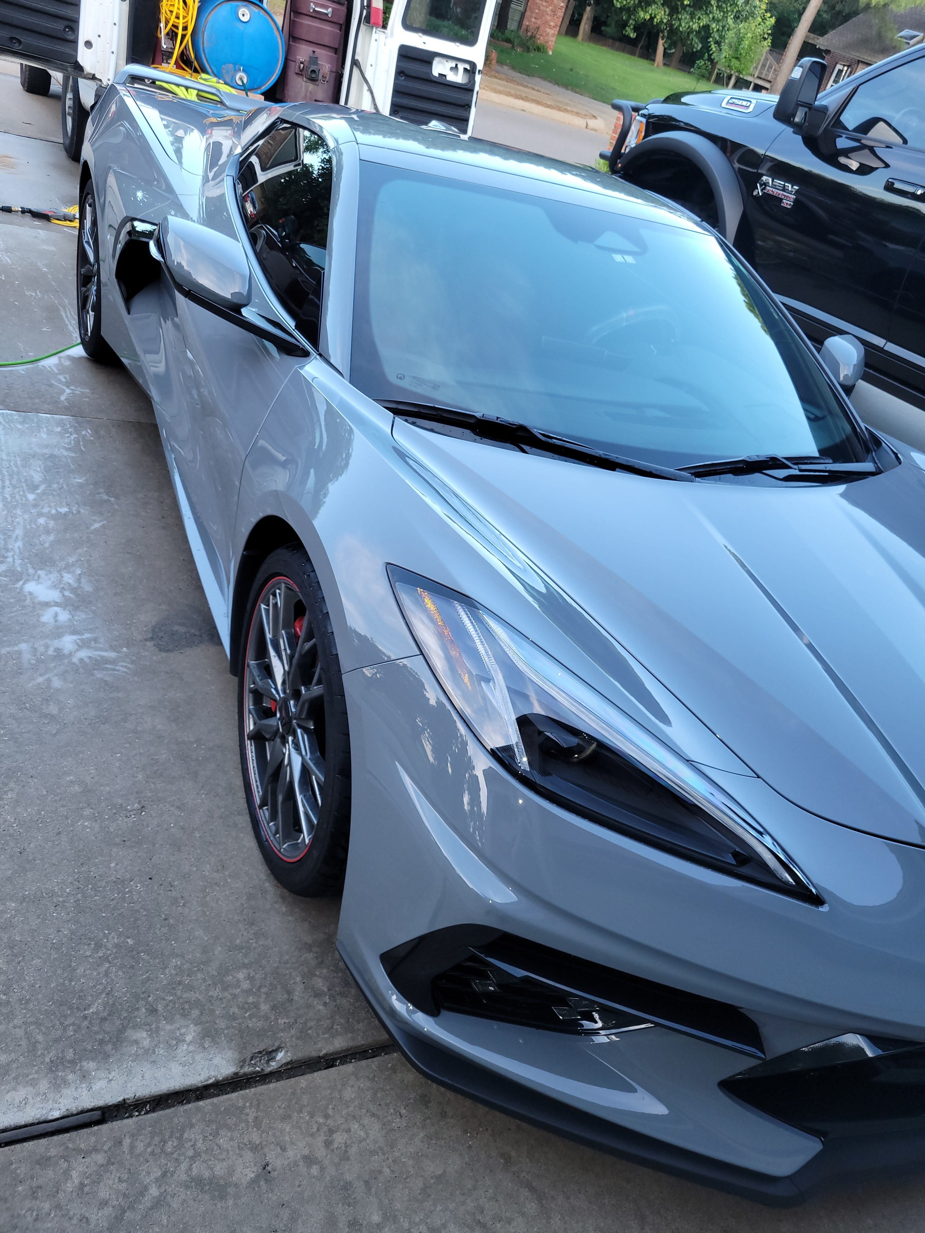 Sleek grey Corvette C8 after a professional detail.