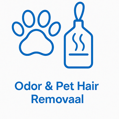 Blue icon of a paw print and air freshener representing pet hair and odor removal

