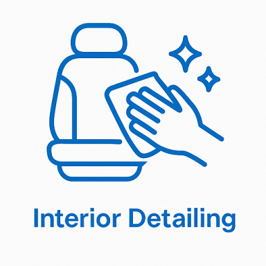 Blue icon of a car seat and hand wiping interior for mobile detailing service
